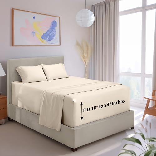 "Hearth & Harbor Extra Deep Pocket Queen Sheets - 4 Piece Hotel Luxury Queen Sheet Set Fits Up to 24"" Mattress - Ultra Soft Luxury Queen Bed Sheet Set - Soft & Breathable, Queen, Off White"