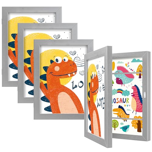 BAIJIALI Grey Art Frames for Kids Artwork - Front Opening Holds 150 Drawings, 3D Crafts - 4 Packs 8.5x11 with mat or 9x12 without Mat