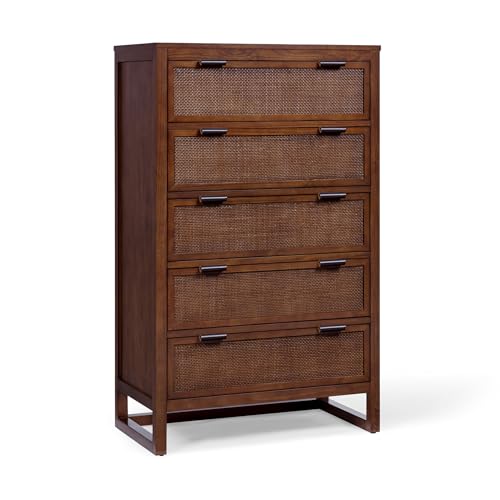 Teamson Home Hatteras 127cm Tall Bedroom Dresser Chest of Drawers with 5 Rattan Inset Drawers, Walnut Finish and Space-Saving Storage Design, Walnut, Brown