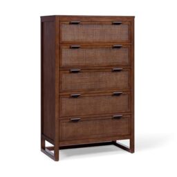 Teamson Home Hatteras 127cm Tall Bedroom Dresser Chest of Drawers with 5 Rattan Inset Drawers, Walnut Finish and Space-Saving Storage Design, Walnut, Brown