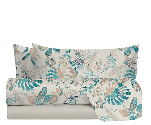hermet Double Bed Sheet Set in 100% Cotton Pattern, Double Bed Set, Top Sheet + Fitted Sheet + 2 Pillowcases, Turquoise Nives