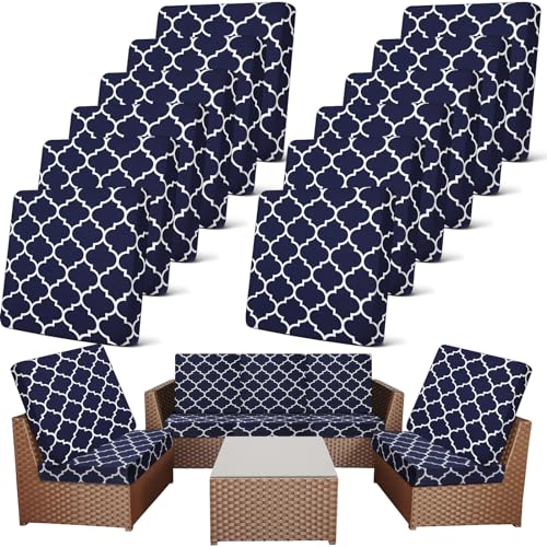 Newwiee 12 Pcs Patio Stretch Outdoor Cushion Covers Sofa Couch Covers Replacement Couch Slipcover for Sofa Seat Chair Porch Patio Furniture Protector, Flexibility and Washable(Moroccan,Navy Blue)