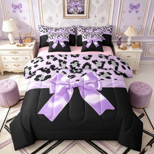 Feelyou Purple Silk Bowknot 7 Piece Bedding Set Queen Size Grey Leopard Comforter Set with Sheets for Kids Girls Women Black Purple Bed in a Bag Sweet Romantic Bed Set
