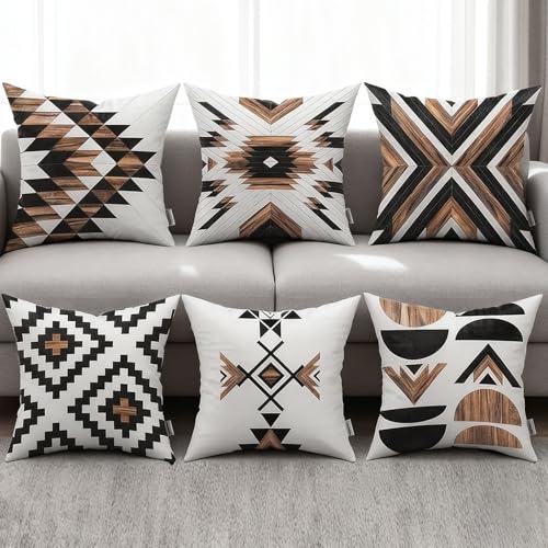 "Ceexolliss Rustic Throw Pillow Covers Set of 6, Aztec Southwestern Western Brown Wooden Texture Home Decor Cushion Covers 18""X18"""