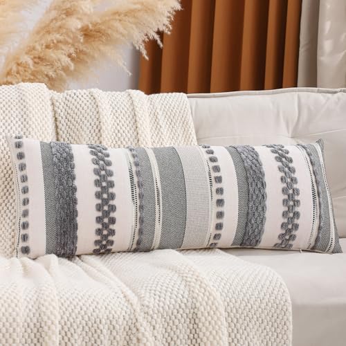 Tosleo Boho Lumbar Throw Pillow Cover 14x36 Long Body Lumbar Decorative Pillow Case Accent Chenille Striped Pillowcase Farmhouse Cushion Case Nuetral Textured Pillow Cover Gray (1 Piece)