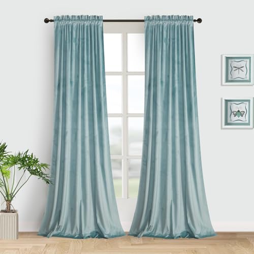 Roslynwood Eggshell Blue Velvet Curtains 63 inches - Luxury Decor Blackout Thermal Insulated Sliding Door Curtains Drapes with Dual Rod Pocket for Living Room, Eggshell Blue, W52 x L63, 2 Panels