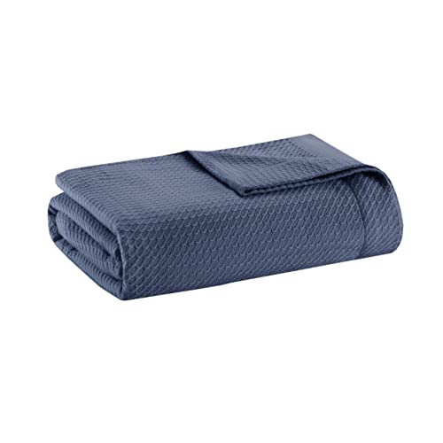 "Madison Park Soft Certified 100% Egyptian Cotton Breathable Cozy Blanket, Premium Waffle Knit Classic Design, Luxury All Season Lightweight Cover for Bed, Couch and Sofa, Blue Full/Queen(90""x90"")"