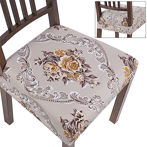 SearchI Stretch Dining Chair Seat Covers Set of 6, Soft Removable Washable Seat Covers for Dining Chairs, Dining Room Seat Cover Slipcover Protector (Rear-Covered, Orange Brown Flower)