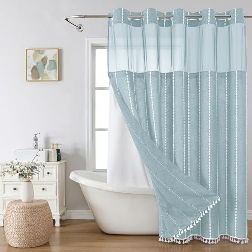 eachope No Hook Long Shower Curtain Set with Snap-in Fabric Liner,Linen Textured Thick Striped Fabric with Tassels,Boho Farmhouse Rustic Luxury Bathroom Curtain,Water-Repellent,Fog Blue,71x80