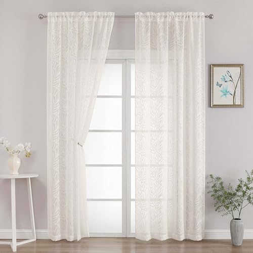OVZME Extra Long Ivory Sheer Curtains 96 Inches Long 2 Panels Set, Elegant Soft Airy Voile Semi Sheer Curtains for Living Room, Textured Leaf Jacquard Window Drapes for Sliding Door, 2x42Wx96L Inches