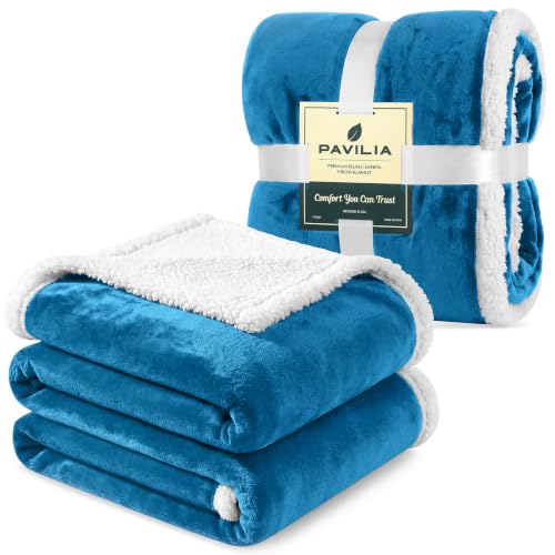 PAVILIA Sherpa Fleece Throw Blanket for Couch, Teal Blue, Plush Soft Fuzzy Sofa Blanket, Cozy Reversible Winter Throw for Women Men, 50x60 Inches