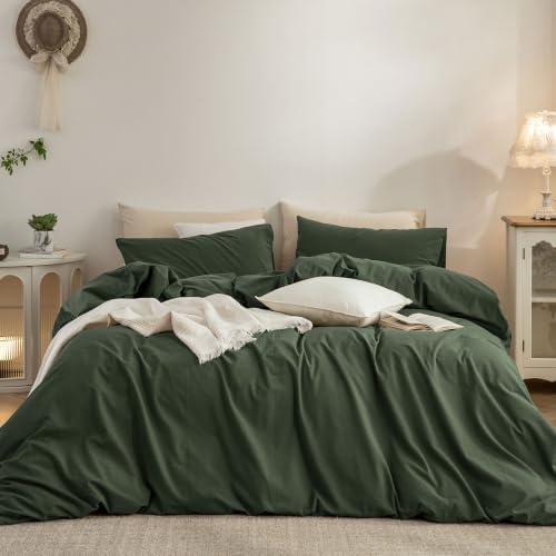 "ELIMMO Super King Plus Duvet Cover - 3 Piece 100% Washed Cotton Linen Feel Bedding Set, All Season Durable Breathable Comfy Minimalist, Forest Green 120"" X 120"""