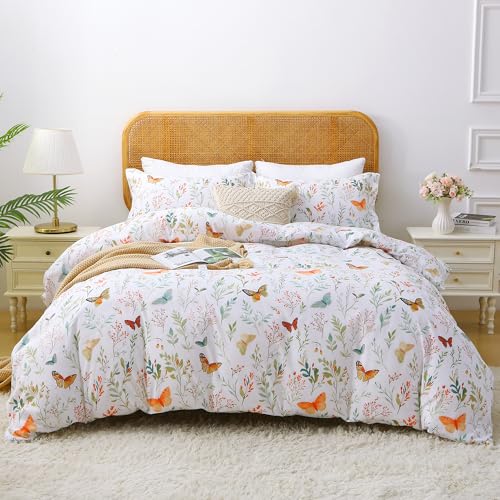 Mooreeke Floral Duvet Cover Full Size, 3 Piece Butterfly and Botanical Patterned Duvet Cover Set with Zipper Closure, Soft & Breathable Microfiber Bedding Set with 4 Corner Ties and 2 Pillow Shams
