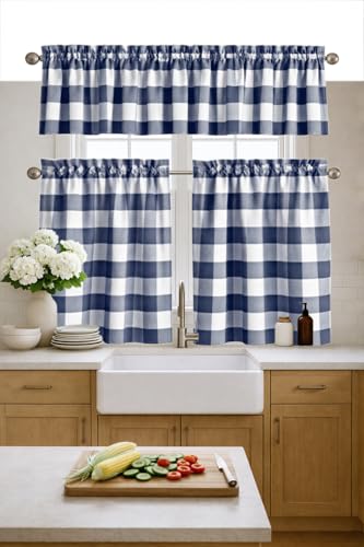 Softopia Cotton Buffalo Check Valance with Tier Curtains 3 Piece Set, 54x18 Valance and 26x36 Panels, Farmhouse Window Curtains for Kitchen, Dining, Bathroom, Caf??, Home D??cor, Navy Blue