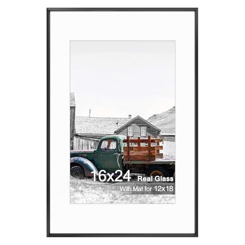 Golden State Art, 16x24 Black Picture Frame Displays Photo 12x18 with Mat or 16 x 24 Without Mat for Wall Mounting, Classic Satin Aluminum Frames with Real Glass (Pack of 1)