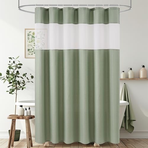 UFRIDAY Sage Green Extra Long Shower Curtain 72x84 inch,Waffle Weave Fabric with Mesh Window,Heavy Duty Decorative Bathroom Curtain with White Pique Pattern, Spa-Like Hotel Luxury, Water-Repellent
