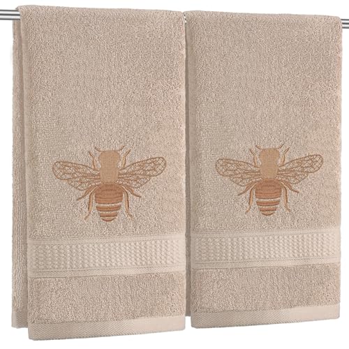SmoothNovelty 2 Pcs Bee Hand Towels Brown Bathroom Decor 14x29 Inch Embroidered 100% Cotton Soft Absorbent Spring Summer Decorative Hand Towels for Bathroom Kitchen