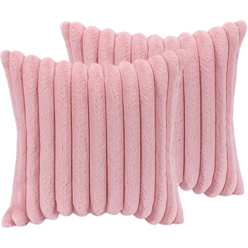 18x18 Throw Pillow Covers Set of 2, Decorative Faux Fur Covers for Bed, Couch Soft Fluffy Pillow Cover with Velvet Back for Living Room, Neutral Home D??cor Accent for Sofa - Pink