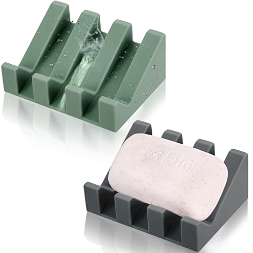 2 Pieces Silicone Soap Dish Self Draining Soap Dish Shower Waterfall Bar Soap Holder Tray with Drain Soap Saver for Kitchen Bathroom Accessories (Dark Grey,Light Green)
