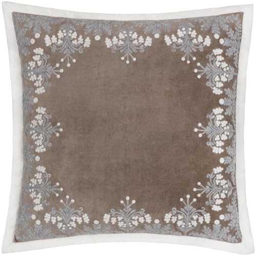 Paoletti Winter Bloom Cushion Cover – Luxury Floral Embroidered Cotton Velvet Oxford Edge Festive Decorative Case (Taupe – 50x50cm)