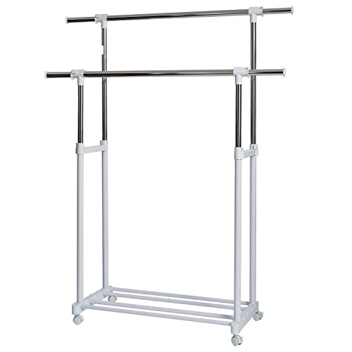 LOVE IT STORE IT Clothes Rack on Wheels - Double Height-Adjustable Clothes Rail - Sturdy and Extendable Side - White/Chrome - Modern Coat Rack