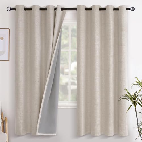 YoungsTex Linen Blackout Curtains 52 X 72 Inch Length, Oatmeal Room Darkening Drapes for Living Room Thermal Insulated Privacy with Grommet, 2 Panels