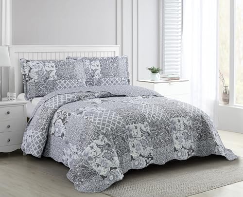 Brilliant Sunshine Grey Flowers Patchwork, 3-Piece Quilt Set with 2 Shams, Reversible Bedspread, Soft Lightweight Coverlet, All-Season, King, Grey