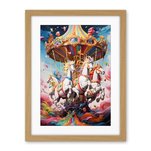 Artery8 Magical Carousel in Rainbow Clouds Bright Bold Vibrant Fantasy Kids Bedroom Baby Nursery Artwork Framed Wall Art Print 18X24 Inch