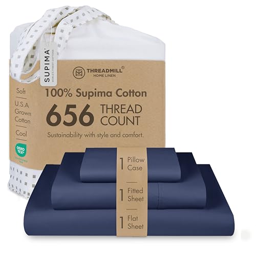 "Threadmill 656TC Supima Cotton Twin XL Sheet Set, Sateen, Folkstone Blue - 100% Supima Cotton, Sateen Weave, 3-Piece Set, 15"" Deep Pocket, Cooling, OEKO-TEX Certified, Machine Washable"
