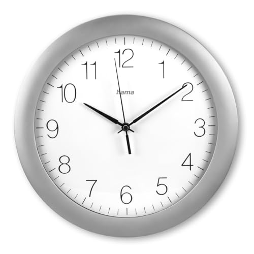 "Hama ""Teneriffa Wall Clock - Silver - Analogue wall clock with hour, minute and second hands in silver, diameter 30 cm, glass cover, battery included"
