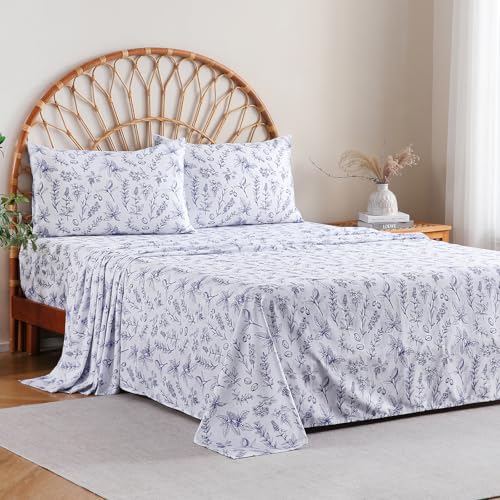 "MCO 100% Cotton Sheet Set Floral Printed, 300 Thread Count King Sheet Set Cotton, 16"" Deep Pocket, Breathable Cooling Sheets 4 Pieces (King, Blue Floral)"