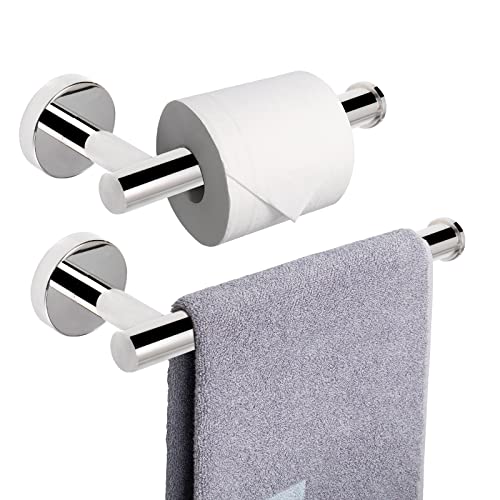 NearMoon Bath Toilet Paper Holder+ Hand Towel Holder, 2 Pieces Bathroom Hardware Set- Premium 304 Stainless Steel Toilet Roll Holder and Towel Rack Wall Mounted for Kitchen (Chrome Finish)