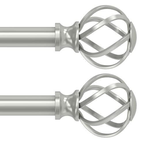 "2 Pack Curtain Rods for Windows 28 to 48 Inch(2.3-4 Feet),3/4"" Diameter Silver Drapery Rods with Twisted Cage Finials,Size:18-45 Inch"