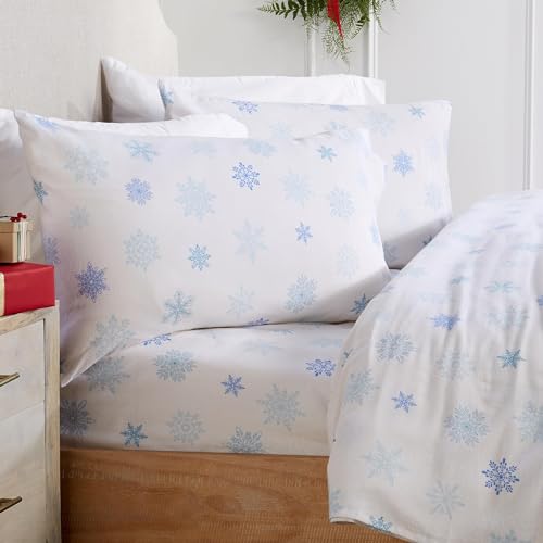 Market & Place 100% Turkish Cotton Flannel Sheet Set - 4 Piece Deep Pocket Novelty Cozy Winter Bed Sheets - Double Brushed for Extra Softness & Comfort - Alpine Collection (Queen, Blue Snowflake)