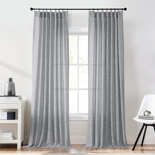 "Central Park Dark Gray Pinch Pleat Semi Sheer Curtain Textured Pleated Drape Farmhouse Rustic Window Treatment Sets for Living Room Bedroom, 40"" Wx84 L, 2 Panels, Dark Gray/White"