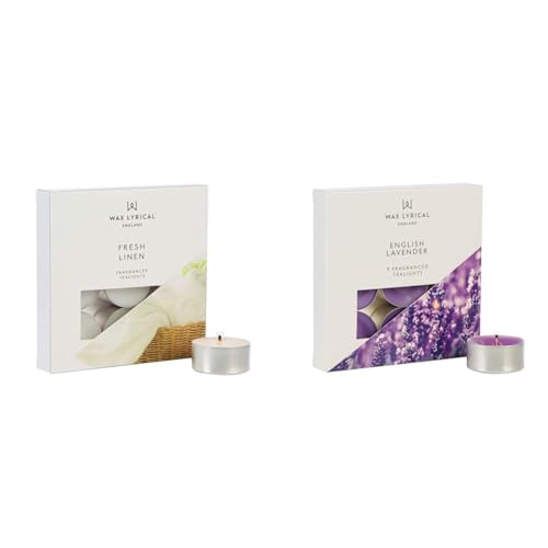 WAX LYRICAL Scented Tealight Candles, Box of 9, Fresh Linen, Silver & Scented Tealight Candles, Box of 9, English Lavender, Silver
