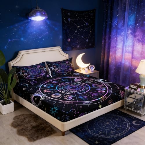 Sun and Moon Fitted Sheet Queen Size,Starry Galaxy Zodiac Constellation Bedding Set 3Pcs for Kids Boys Girls Room Decor,Neon Blue Purple Bed Sheet Hippie Boho Deep Pocket Sheet,2 Pillowcases