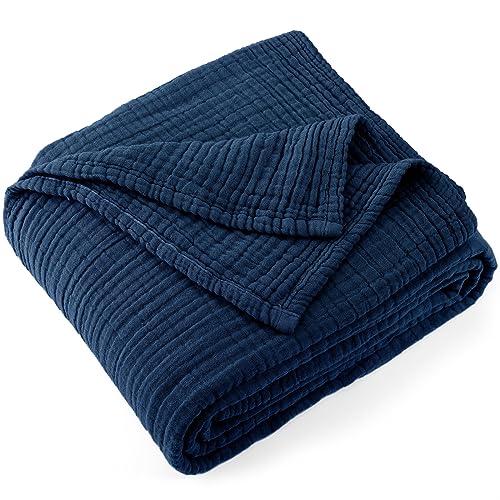 "Carriediosa 100% Cotton Muslin Throw Blanket 70"" X 80"" Twin Size,4-Layers Summer Gauze Throws for Bed Couch,Soft Lightweight Breathable Linen Blankets Bedspread for Adults All Season,Navy Blue"