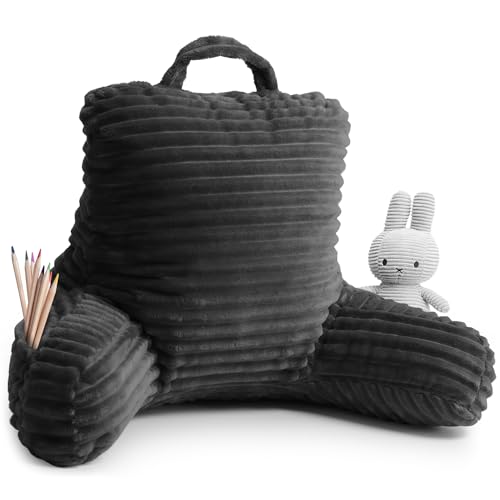 Clara Clark Cut Plush Striped Reading Pillow for Kids & Teens, Back Support Pillow, Shredded Memory Foam Bed Rest Pillow with Arms, Small, Dark Grey