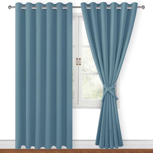 Hiasan Room Darkening Curtains for Bedroom, 70 x 84 Inches - Thermal Insulated & Energy Saving Window Drapes for Living Room/Dorm Room, Set of 2 Panels Sewn with Tiebacks, Stone Blue