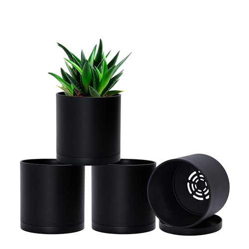 D'vine Dev 4-Pack Black Plastic Planters with Saucers, 5 in, 74-Y-G-2 - Lightweight Durable Build, Matte Finish, Cylindrical Shape, Efficient Drainage, Detachable Saucer, Minimalist Modern Style