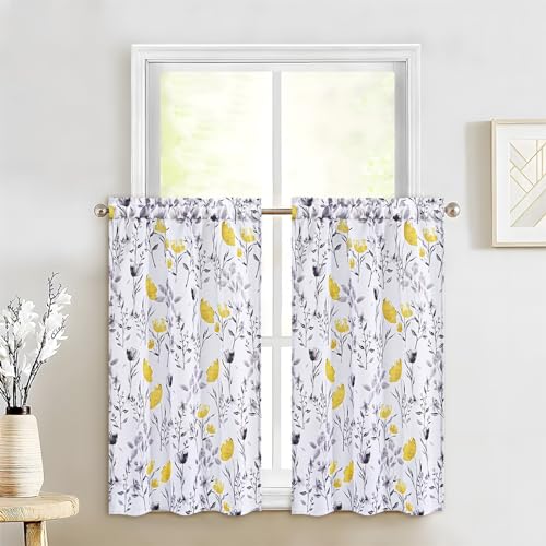 "Likiyol Floral Kitchen Curtains, 36 Inch Watercolor Flower Leaves Tier, Yellow and Gray, Rod Pocket, 26"" W x 36"" L, 2 Panels"