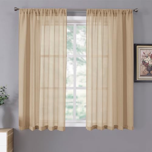 Tollpiz Short Sheer Curtains Living Room Linen Textured Curtain Sheers Light Filtering Voile Rod Pocket Curtains for Bedroom, 38 x 45 inches Long, Beige, Set of 2 Panels