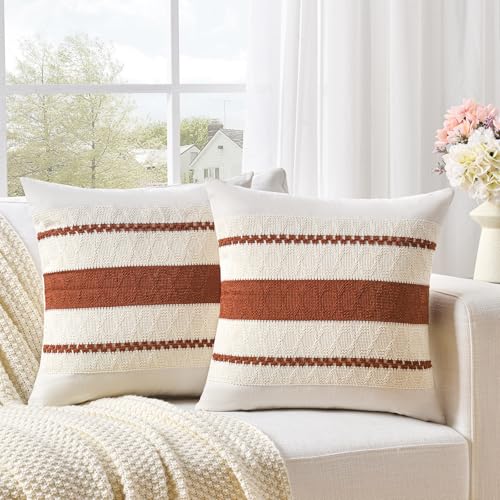 Fancy Homi Set of 2 Rust Boho Decorative Throw Pillow Covers 16x16 Inch for Couch Bed Sofa, Aesthetic Modern Organic Fall Room Decor, Soft Cotton Cute Terracotta Textured Farmhouse Cushion Case