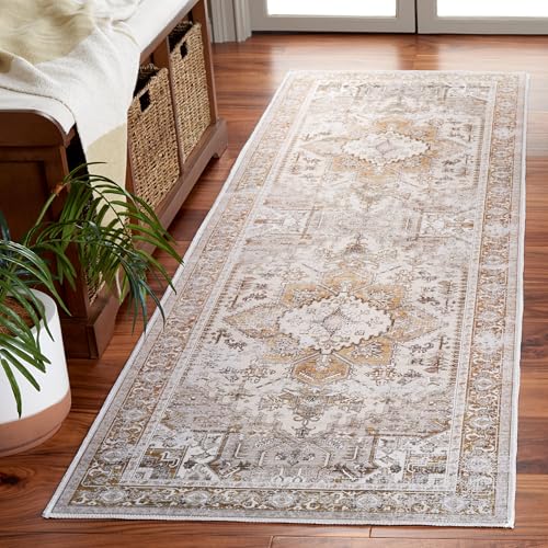 Safavieh Traditional Rug Ideal for High Traffic Areas - Machine Washable and Non Slip - Arizona Collection, Short Pile, in Beige and Gold, 76 x 308 cm