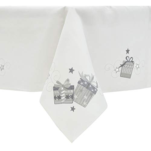 Mr Crimbo Christmas Tablecloth White Polyester Fabric Silver Embroidered Presents - 52 x 90
