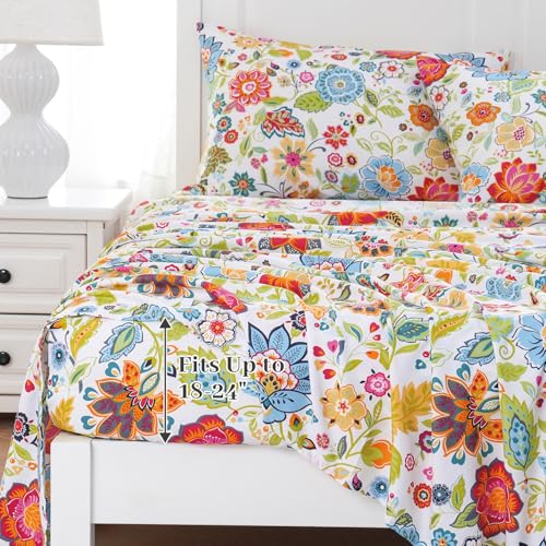 MEISHANG King Sheet Set - Ultra Soft Floral Sheets Extra Deep Pocket Fitted 18-24 Inch 100% Microfiber,1800 Thread Count Floral Bed Sheets Oeko-Tex Certificated 4 Pieces - Spring Flower
