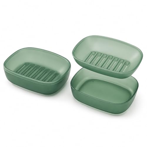2 Pcs Green Plastic Soap Dish with Drainage, Travel Soap Case for Bathroom - Self???Draining Plastic Soap Dish, Non???Slip Base, Easy???to???Clean, Keeps Bar Soap Dry, Ideal for Shower & Kitchen Sink Use