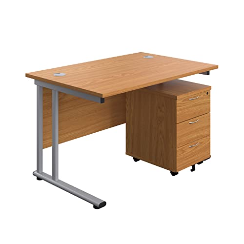 Office Hippo Professional Cantilever Office Desk With 3 Drawer Mobile Pedestal, Wood, Oak, Silver Frame, 120 x 80 x 73 cm