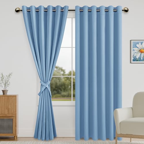 DWCN Blackout Curtains for Bedroom with Tiebacks - Room Darkening Privacy Grommet Top Window Curtains for Living Room, 70 x 84 inch Length,Light Blue,Set of 2 Panels